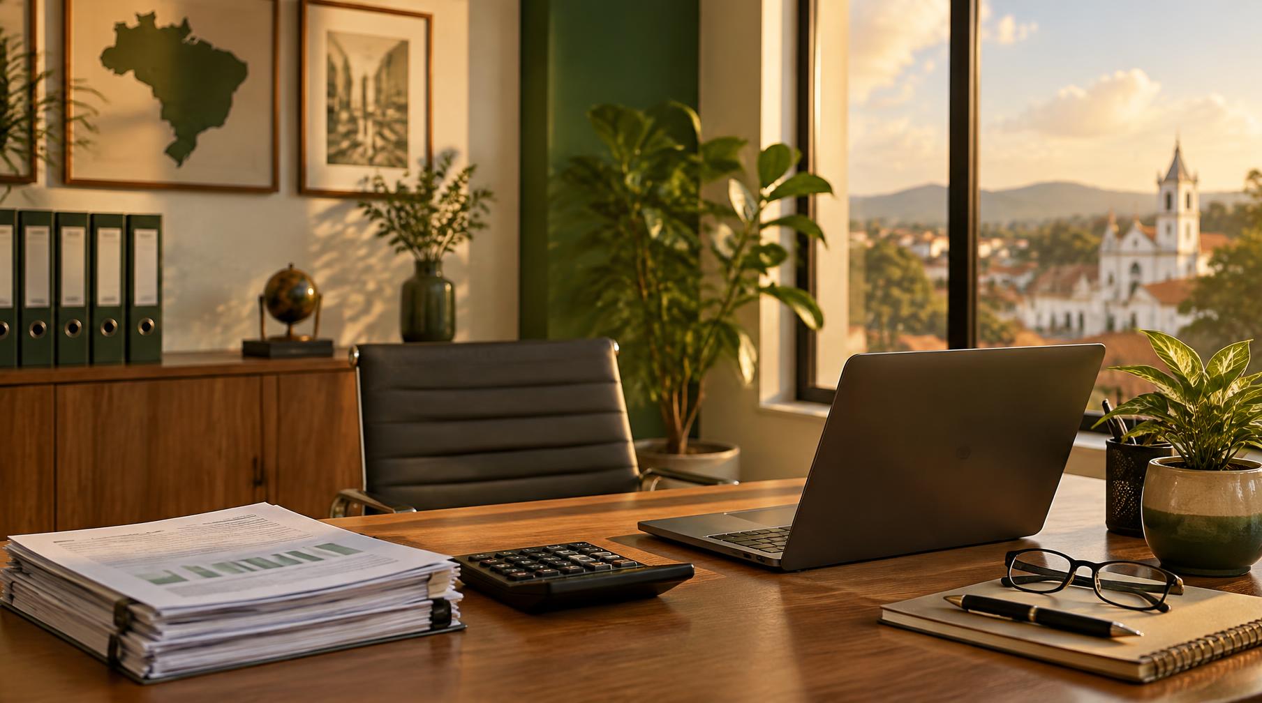 Mesa de trabalho da Contec com documentos organizados, notebook e vista da cidade